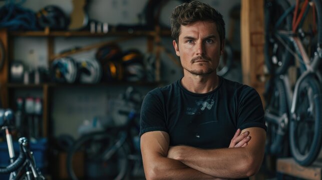 Portrait, serious and repair man in bicycle shop with arms crossed in workshop.