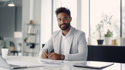 Fototapeta premium Professional man at office desk, modern workspace, confident