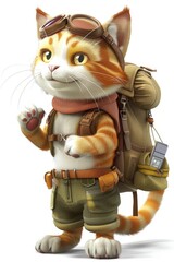 Anthropomorphic extreme adventure orange and white cat wearing a backpack 