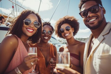 Friends toasting on a yacht, celebratory, sunny getaway