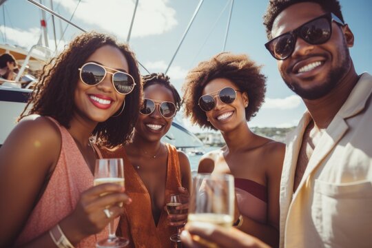 Friends toasting on a yacht, celebratory, sunny getaway