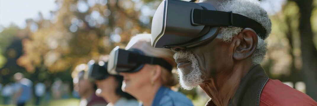 A Group of Seniors Elderly Men and Women from Mixed Ethnicities Wearing VR Headset. Enjoying Virtual Reality and Nature Experience in Outside Forest Background. Horizontal Large Photo Header (3:1) 