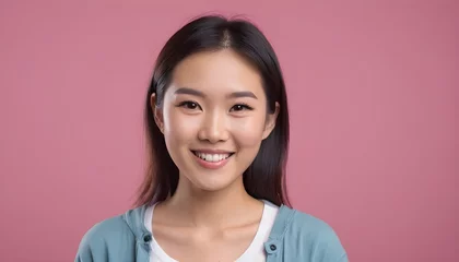Poster  Portrait of a Cheerful Asian young woman, girl. close-up. smiling. clean background. Healthy skin. Studio. pink background © Gia