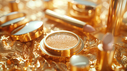various gold-colored makeup accessories, with a space in the middle