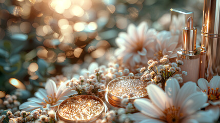 various elegant makeup accessories with flowery background