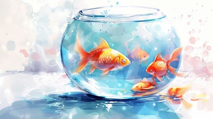 one cartoon round glass simple aquarium with fish and decor, watercolor 