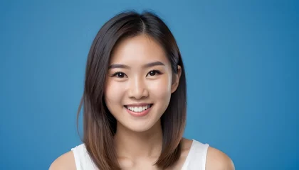 Rolgordijnen ortrait of a Cheerful Asian young woman, girl. close-up. smiling. clean background. Healthy skin. Studio. blue background © Gia