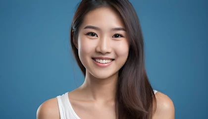 Foto op Canvas ortrait of a Cheerful Asian young woman, girl. close-up. smiling. clean background. Healthy skin. Studio. blue background © Gia