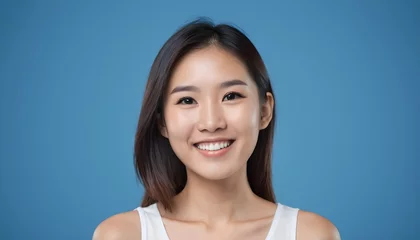 Fotobehang ortrait of a Cheerful Asian young woman, girl. close-up. smiling. clean background. Healthy skin. Studio. blue background © Gia