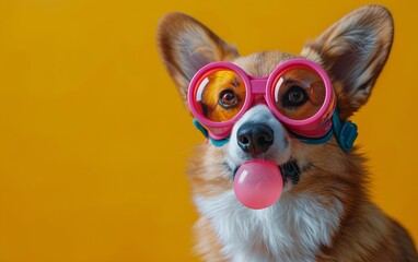 Corgi dog blowing bubble gum wearing goggles fashion portrait on solid pastel background. Birthday party. presentation. advertisement. invitation. copy text space.