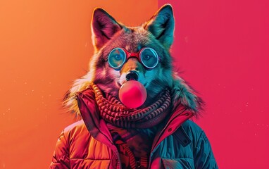 Fox blowing bubble gum wearing goggles fashion portrait on solid pastel background. Birthday party. presentation. advertisement. invitation. copy text space.