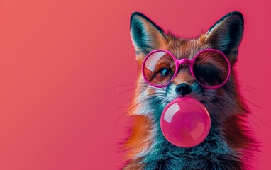 Obraz premium Fox blowing bubble gum wearing goggles fashion portrait on solid pastel background. Birthday party. presentation. advertisement. invitation. copy text space.