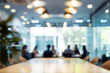 A blurred image of a professional business meeting taking place in a contemporary office with...
