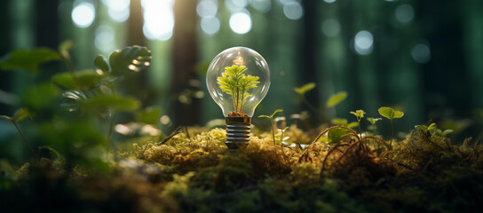 Hand holding light bulb against nature on green leaf with energy sources, Sustainable developmen and responsible environmental, Energy sources for renewable, Ecology concept - obrazy, fototapety, plakaty