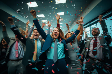 Happy diverse employees team celebrating success business achievement among confetti