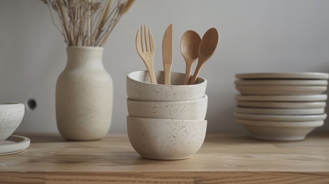 Stacked off-white ceramic bowls and wooden utensils on a light wood countertop, embodying a clean and modern kitchen aesthetic.