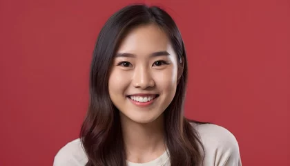 Tuinposter  Portrait of a Cheerful Asian young woman, girl. close-up. smiling. clean background. Healthy skin. Studio. red background © Gia