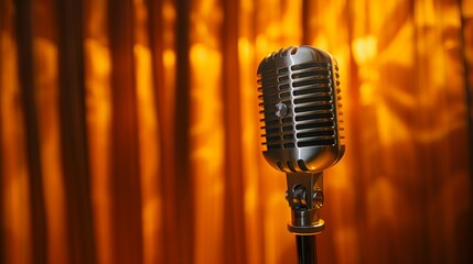 Retro microphone on stage with orange curtain background. Singing talent audition concept.