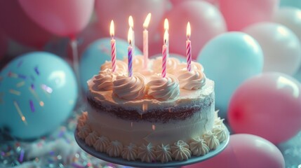 Delicious and beautiful birthday cake with burning candles, Celebrate anniversaries and special days.