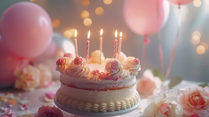 Delicious and beautiful birthday cake with burning candles, Celebrate anniversaries and special days.