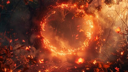 Circle frame from fire and forest background, Great wildfire burning the a large forest.