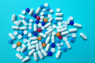 Assorted Pharmaceutical Pills and Capsules on a Vibrant Blue Background. Healthcare and Medicine Concept Pharmaceutical capsules and tablets in various shapes and sizes for oral medication