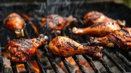 Delicious grilled seasoned juicy chicken drumsticks over flames on a barbecue. AI Generated  - obrazy, fototapety, plakaty