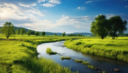 Idyllic meadow and river rural landscape