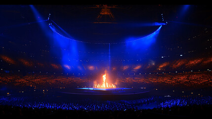Fiery Performance on a Grand Stage in an Arena Illuminated by Blue Hues, Captivating the Audience in a Spectacular Event. - obrazy, fototapety, plakaty