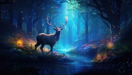 Magical deer in the fantasy forest at midnight - obrazy, fototapety, plakaty