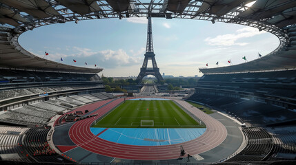 A serene day overlooks a stadium ready for track and field events, with the Eiffel Tower standing as a silent sentinel in the heart of Paris. - obrazy, fototapety, plakaty