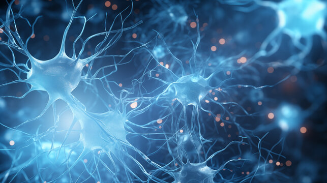 Conceptual illustration of neuron cells with glowing link knots. Blue green Neurons in brain on with focus effect. Synapse and Neuron cells sending electrical chemical signals