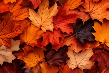 Naklejka na ściany i meble Autumn leaves background, orange, yellow, red, stacked on top of each other. Neatly used for designing wallpapers with space for text. Give a feeling of change, maple leaf colourful pattern nature 