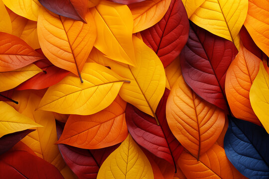 Autumn leaves background, orange, yellow, red, stacked on top of each other. Neatly used for designing wallpapers with space for text. Give a feeling of change, maple leaf colourful pattern nature 