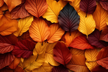 Fototapeta premium Autumn leaves background, orange, yellow, red, stacked on top of each other. Neatly used for designing wallpapers with space for text. Give a feeling of change, maple leaf colourful pattern nature 