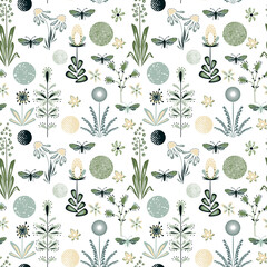 Seamless cute floral pattern. Yellow, green flowers and leaves on a white background. - 746237966