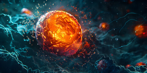 Cancer cell attacking on human body under a microscope view background Delving into Cancer Cell Assaults on Human Tissue 
 - obrazy, fototapety, plakaty