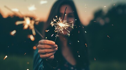 Woman holding fireworks in celebration day with bokeh background. - Powered by Adobe