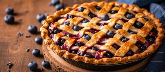 A mouth-watering blueberry pie with a beautifully woven lattice crust served on a rustic wooden table.