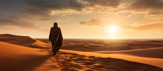 Silhouette view of muslim man or arab man walking on desert sand