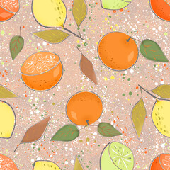 Seamless pattern with citrus fruits. Oranges, lemons, lime on a beige background.