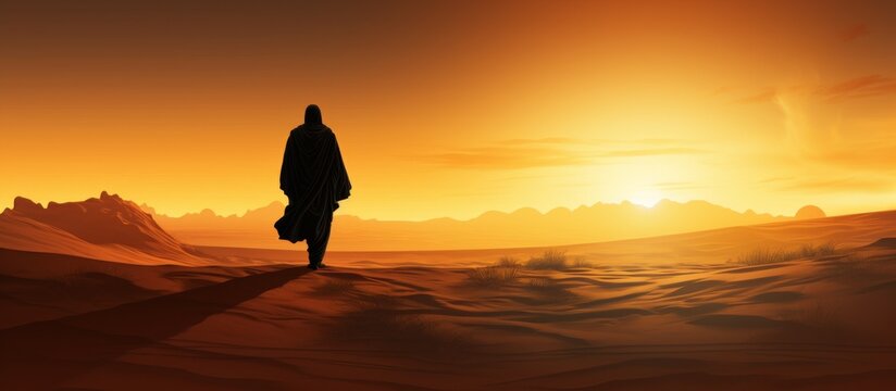 Silhouette view of muslim man or arab man walking on desert sand