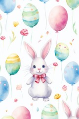 Seamless pattern with watercolor rabbits, hand drawn isolated on a white background