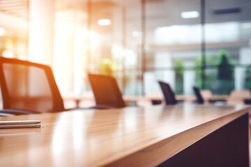 Close Up of an Empty Elegant Corporate Boardroom with Reflective Table Surfaces and Modern Glass Partitions. Business Professional Concept
