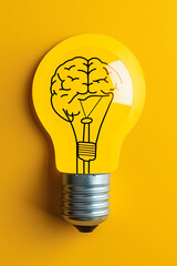 Bright Idea Concept: Head, Brain, and Light Bulb Symbolize Creative Thinking in Yellow Lightbulb Sign
