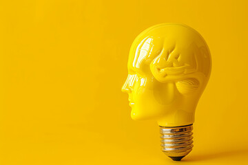 Bright Idea Concept: Head, Brain, and Light Bulb Symbolize Creative Thinking in Yellow Lightbulb Sign
