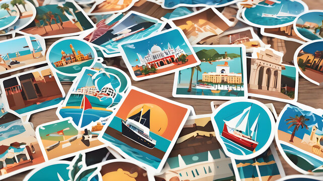 Travel and tourism icons, including beach, map, city, boat, ocean, vacation, island, summer, skyline, and more in a set of photos and illustrations