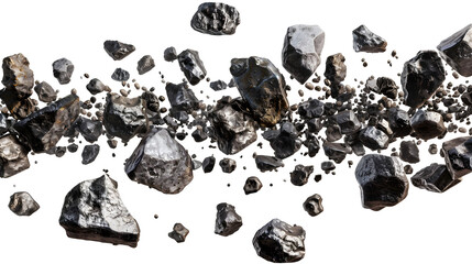 Swarm of asteroids. Many meteorites are flying. Isolated on a transparent background. - obrazy, fototapety, plakaty