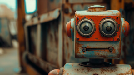 Vintage robot toy with expressive eyes.