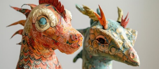 This close-up shot showcases two intricately detailed sculptures of animals. The sculptures feature lifelike textures and expressions, capturing the essence of the animals they depict.